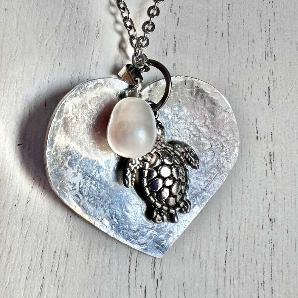 Tropic Beachy Nautical Necklace, Turtle Heart Pearl, Mixed Metal Necklace - Picture 7 of 15